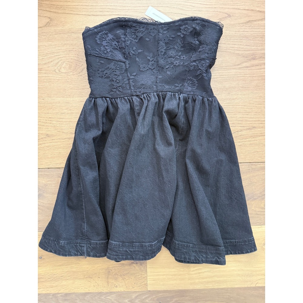 Pilcro Anthropologie Black Lace Denim Strapless Mini Dress Smocked Back Size S‎